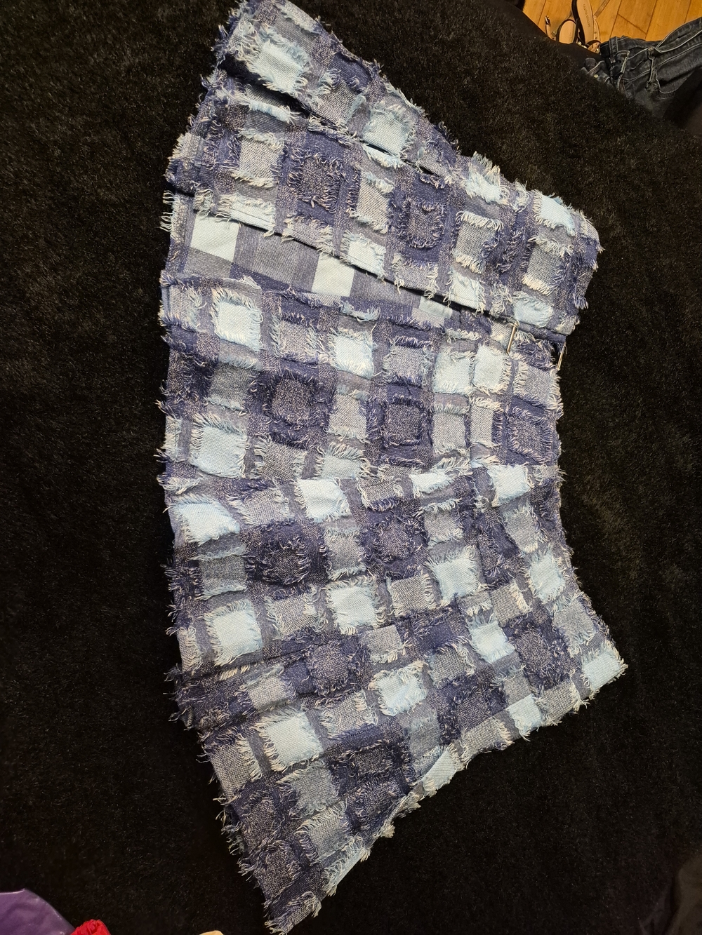 Blue Patchwork Fringe Mini Skirt